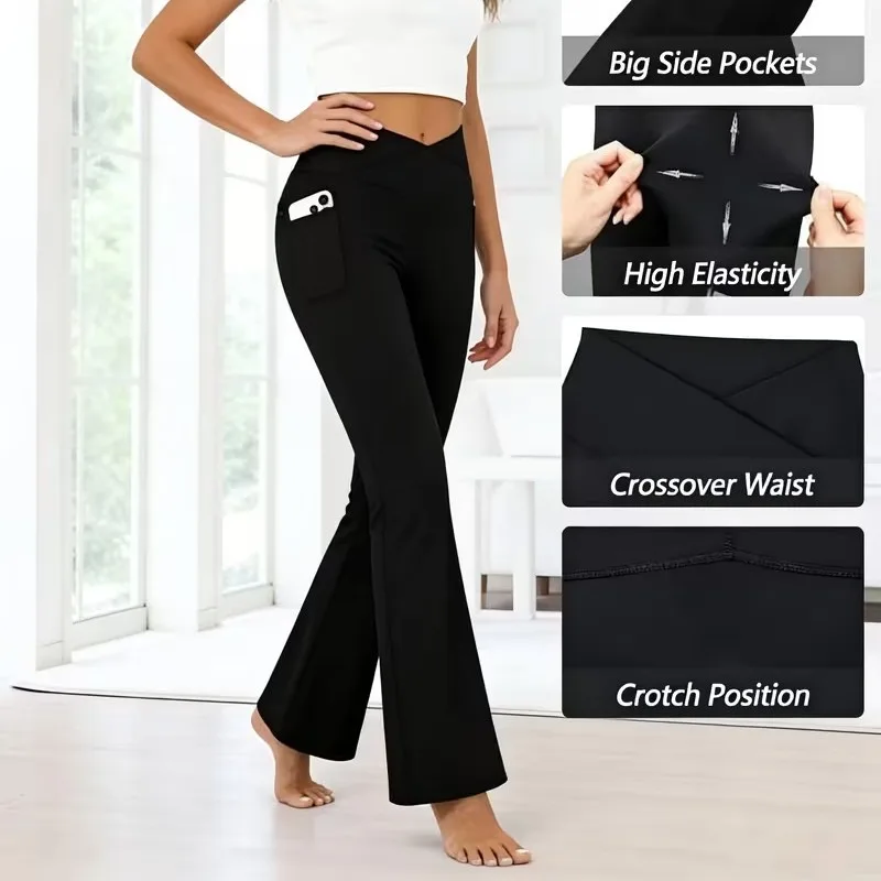 Women Crossover V-Waist Bootcut Yoga Pants Side Phone Pockets Tummy Control Stretch Flared Trousers