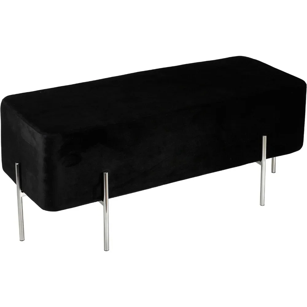 

Contemporary Ottoman With Metal Legs, Black Velvet Fabric|