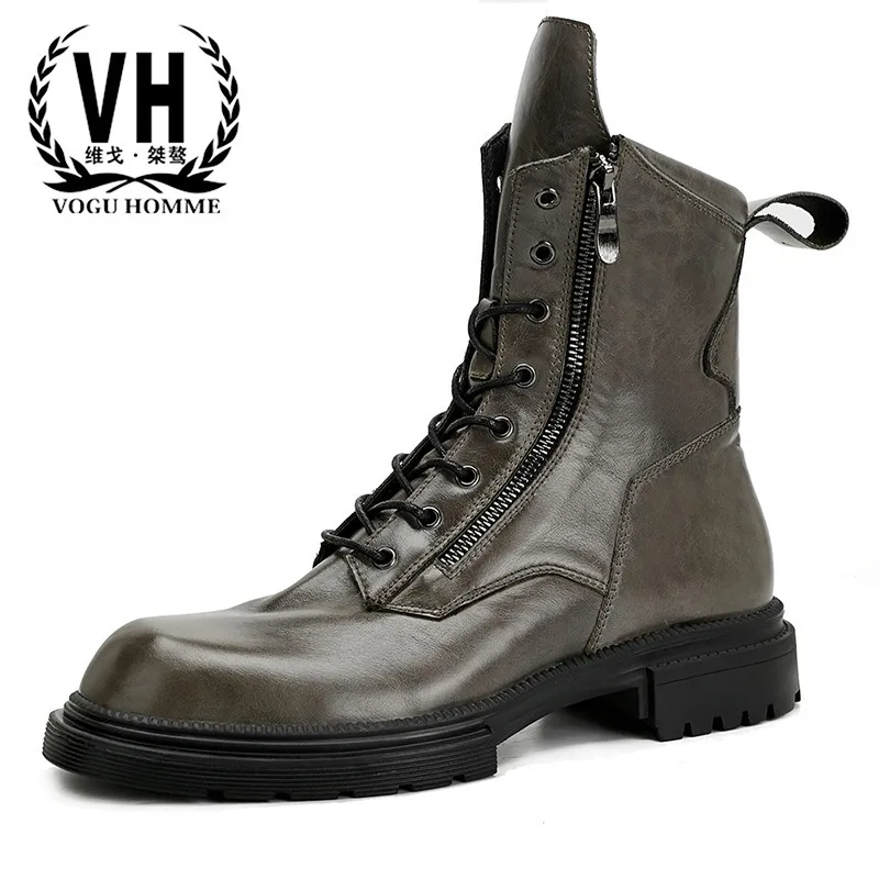 Motorcycle Riding Boots Double Zipper Men's High Help Thick Bottom Trendy Versatile Round Head Leather Fleece Warm Retro Shoes