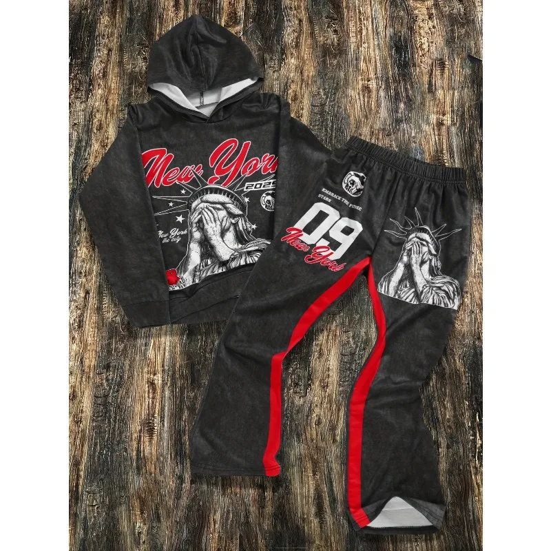 2025 قطعتين عارضة الأزياء إلكتروني تمثال الحرية نمط 3D مطبوعة هوديي يقترن عدد السراويل المستقيمة