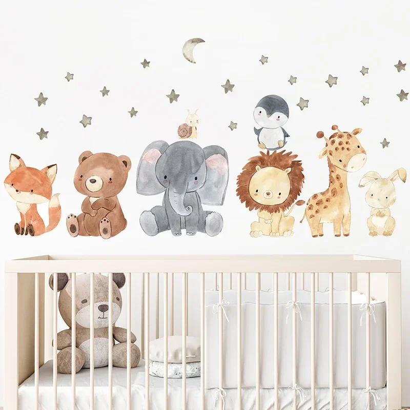 Watercolor Cartoon Cute Africa Animals Wall Stickers Elephant Giraffe Bear Fox Kids Room Wall Decals Decorative Sticker for Wall