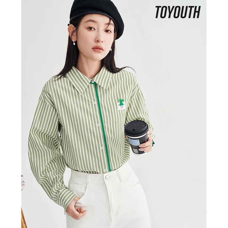 

Toyouth Women Shirts 2023 Autumn Long Sleeve Polo Neck Loose Blouse Contrast Edge Stripes Fashion Casual Versatile Outwear Tops