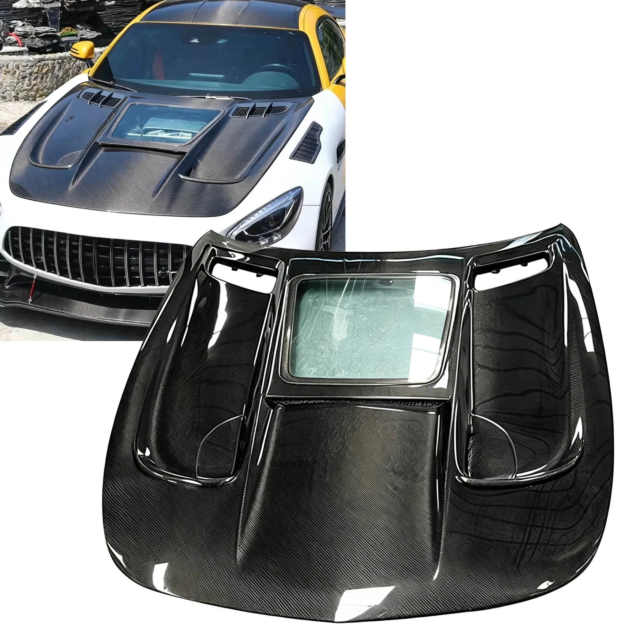 Carbon Fiber Hood With Transparent Glass Window for Mercedes Benz AMG GT Carbon Engine Bonnet Front Hood Cover Car Body Parts