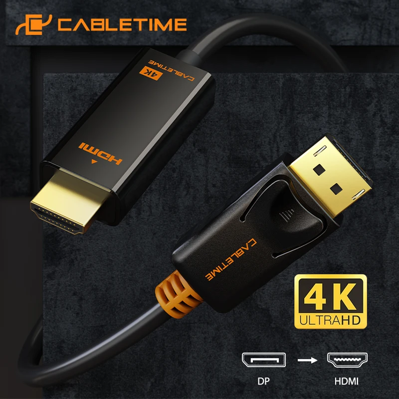 CABLETIME DisplayPort To HDMI Cable 4K 60hz 1080P DP To HDMI M/M Converter DP1.2 for TV Projector Laptop Display DP Adapter C072