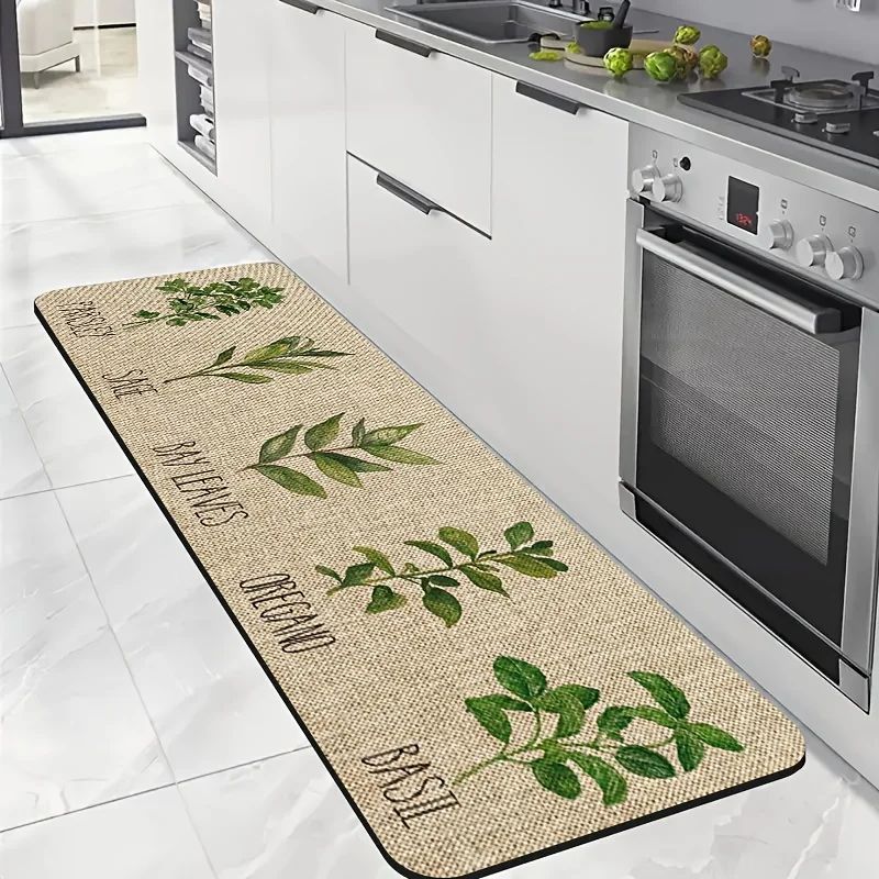 

Natural Fresh Herb Greenery Diatomaceous Earth Kitchen Rug, Non-Slip Rubber Long Mat, Decor Mat for Bathroom, Hallway, Washroom