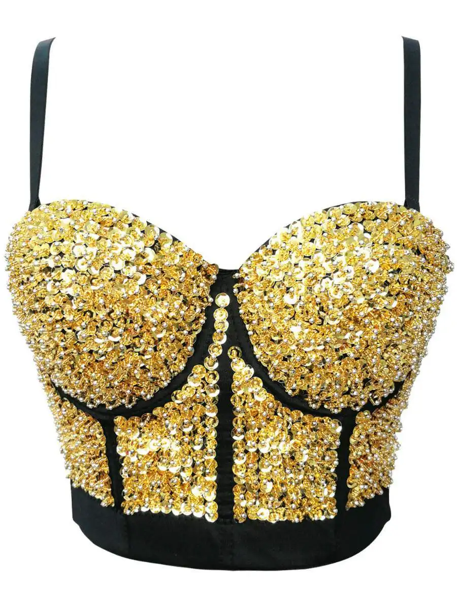 

Золотой, серебряный, со звездами, бисером и ремешком из стекловолокна, топ для выступлений на сцене, женский сексуальный бюстгальтер на бретельках, цвет Montisa