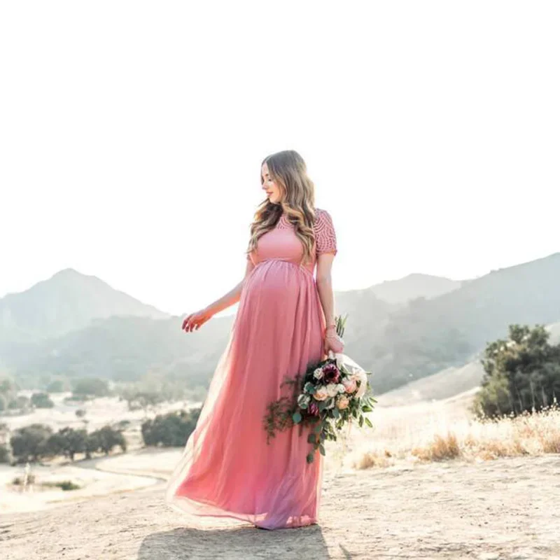 Maternity\'s Dress Pregnancy Photography Props Dusty Pink Long Chiffon Elegant Pregnant Women Clothes Lace Dresses