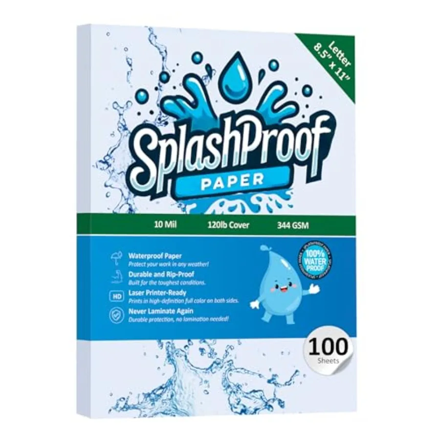 

SplashProof Printer Paper - 8.5" x 11", 10 Mil Waterproof Paper, Laser Printer and Copy Machine Compatible Sheets
