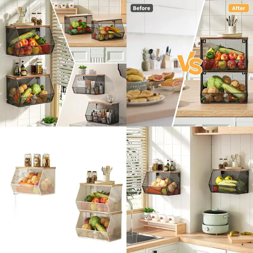 

Настенные штабелируемые проволочные корзины с деревянными крышками — кухонное хранилище для фруктов, овощей и картофеля