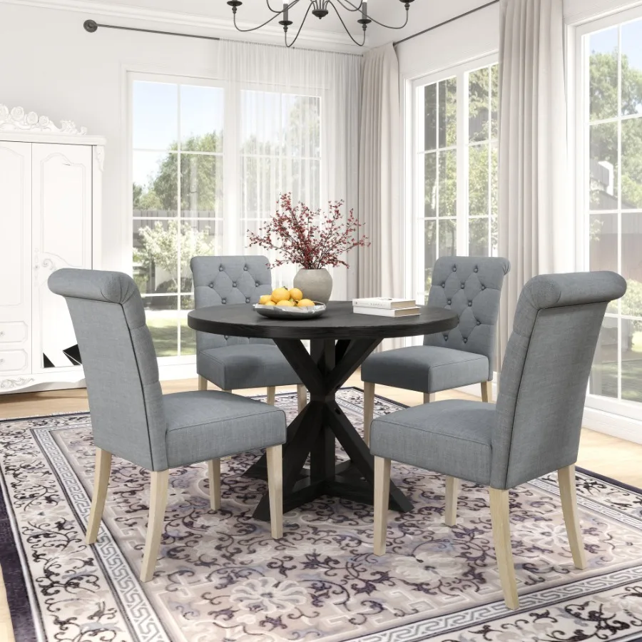 

Banff 5piece Dining Set CrossBuck Round Table with 4 Tufted Chairs Gray