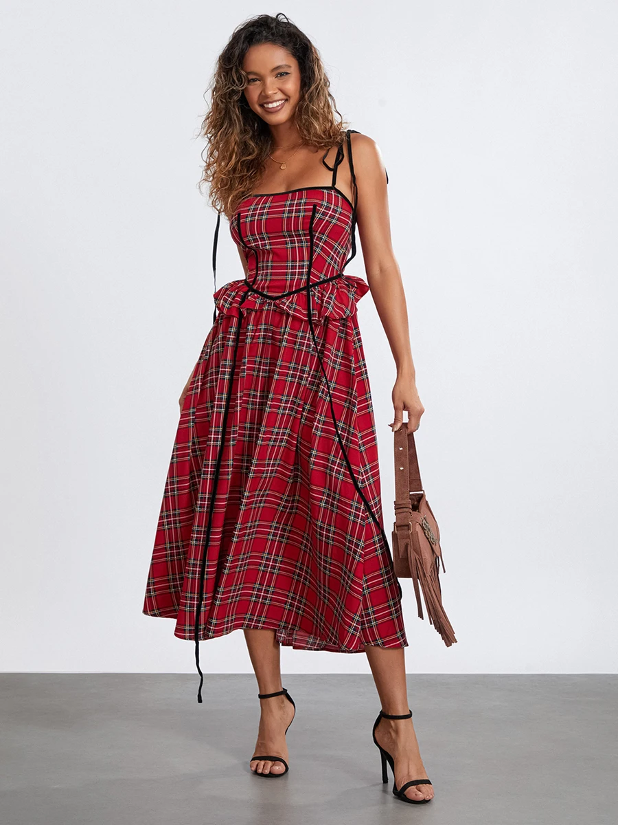 Women Summer Midi Cami Dress Red Sleeveless Backless Spaghetti Strap Plaid Party Dress