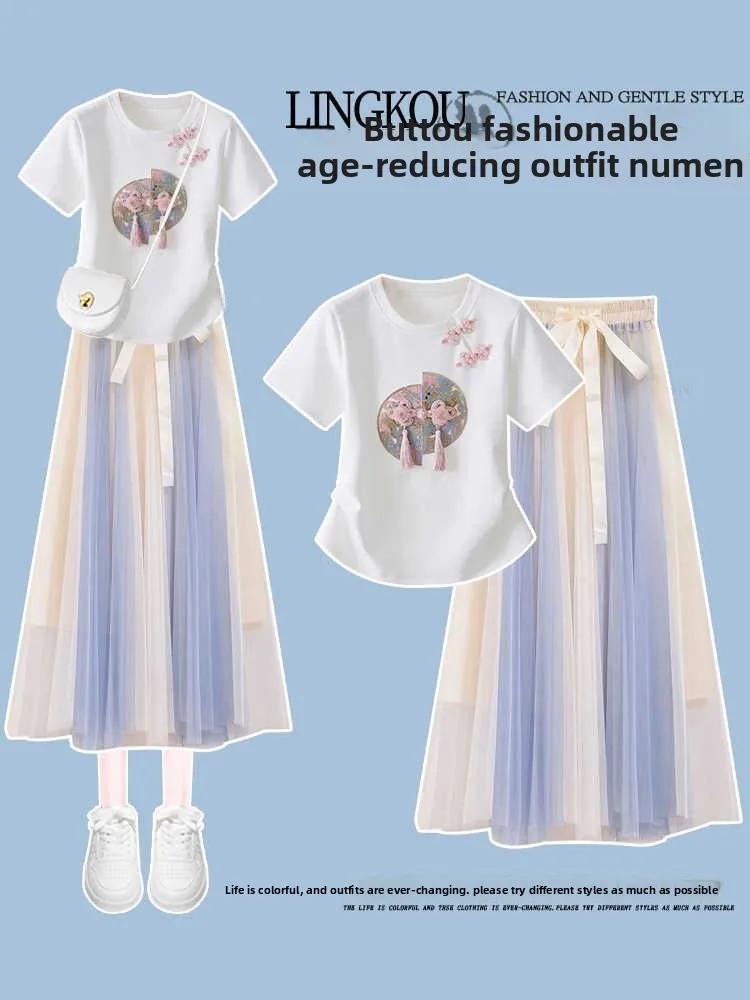 Tenue d'été blanc ort Sve t-shirt et jupe ensemble deux pièces nouveau chinois Sle femmes Faion taille haute jupe trapèze