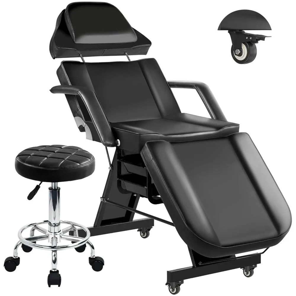 

Tattoo Chair for Client, Facial Esthetician Lash Bed with Wheels, Eyelash Artist Tilting Work Chair with Stool, Adjustable Headr