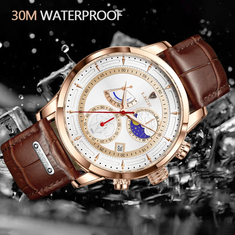 Watch for Men LIGE Luxury Leather Mens Watches Waterproof Sports Quartz Wristwatch Chronograph Watch Men Relogio Masculino+Box