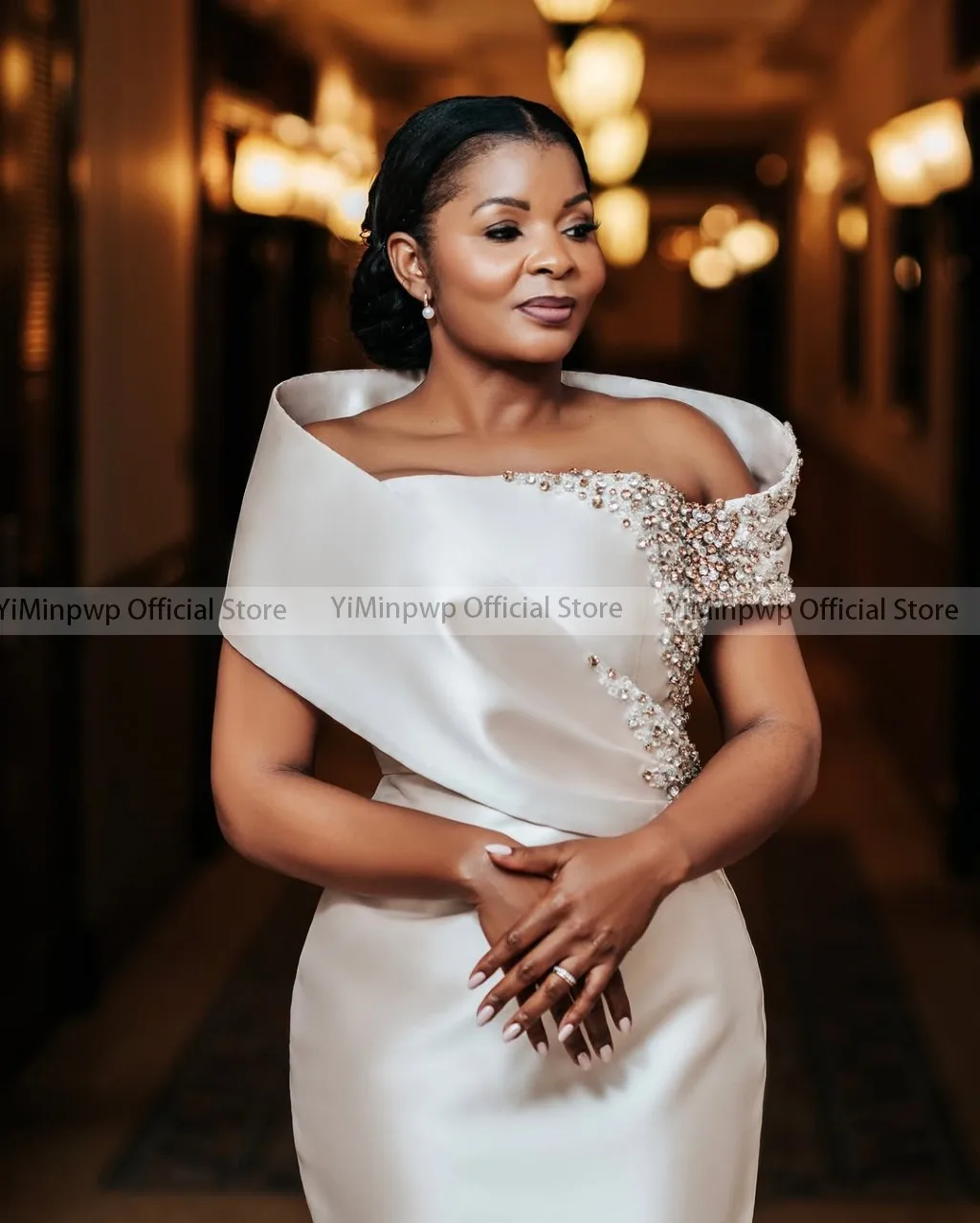 Satin Mother of the Bride Dress For Wedding Off Shoulder Straight Rhinestone Satin Wedding Guest Dresses Floor Length Customized