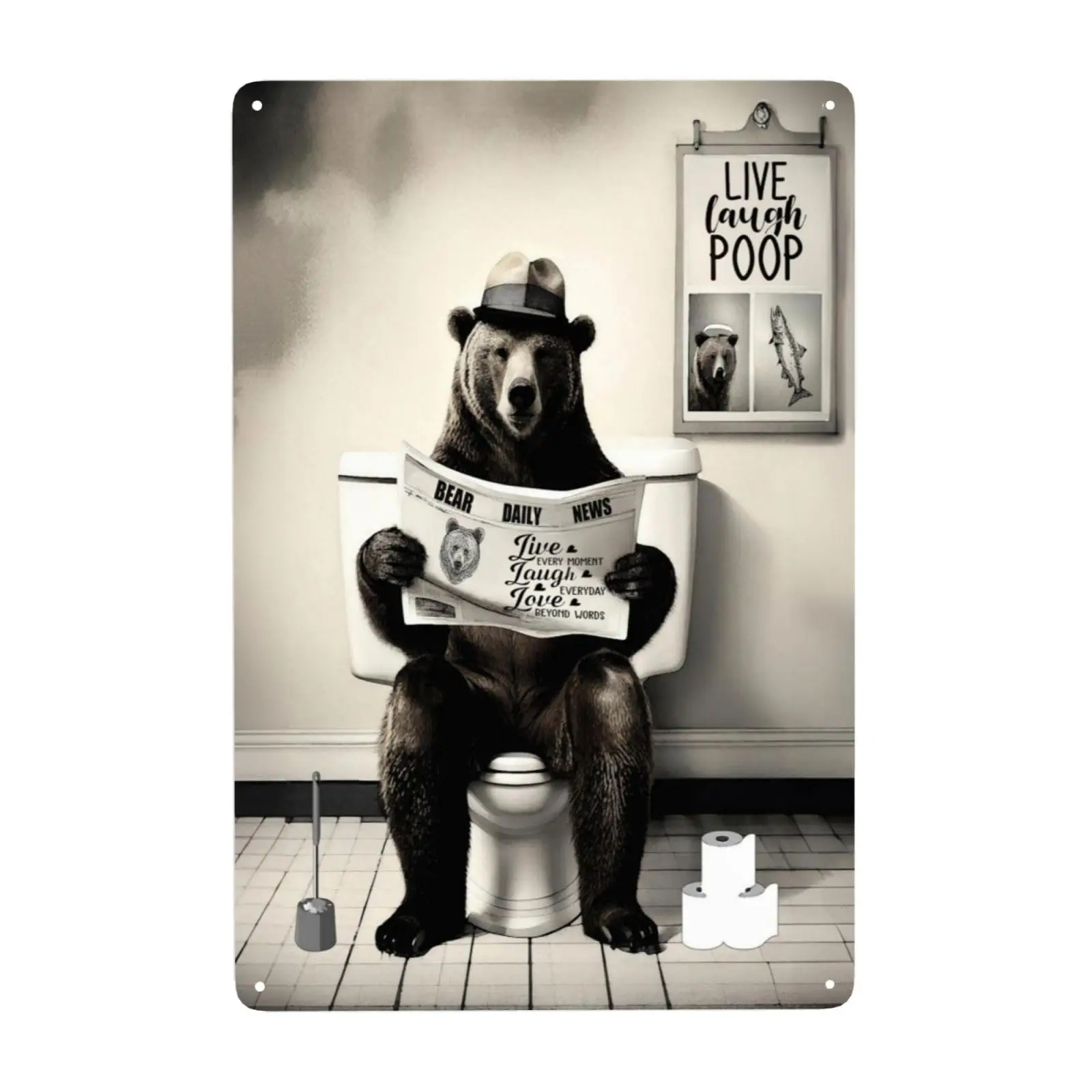 Funny Bear Metal Tin Sign Bear Read Newspaper Wall Art Bear Wall Decor for Bathroom Bedroom Living Room Decoration 8W*12L