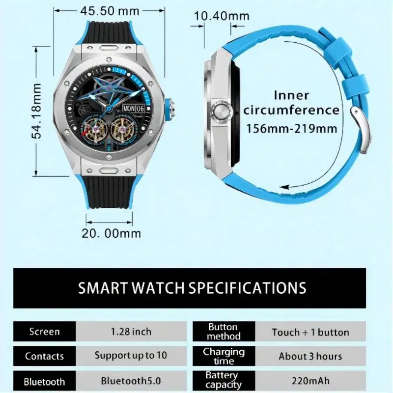 MV58 الرياضة Smartwatch الرجال 1.28 بوصة دائرة كاملة شاشة ملونة سبائك الزنك قذيفة سيليكون حزام اليابان كوريا فرنسا ساعة الموضة