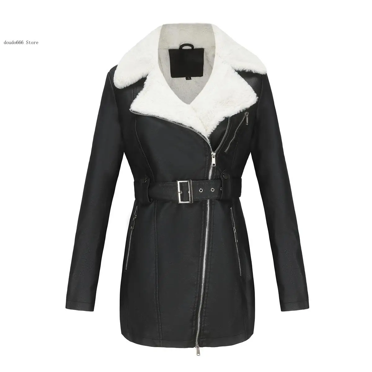 Autumn and Winter Long-Sleeved Fleece-Lined Leather Women\'s Lapel Double-Head Zipper with Belt Warm Jacket