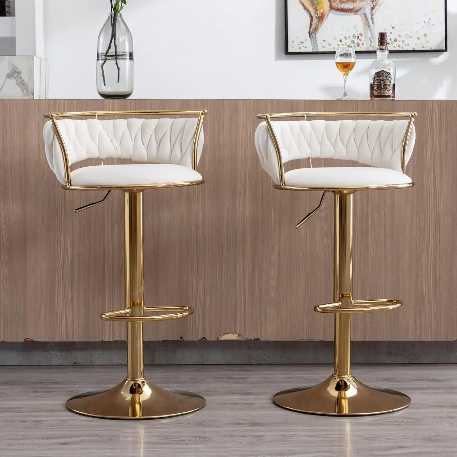 HEAH-YO Woven Bar Stools Set of 4, Adjustable Counter Height Bar Stools with Back and Solid Gold Base, Velvet Swivel Kitchen Sto