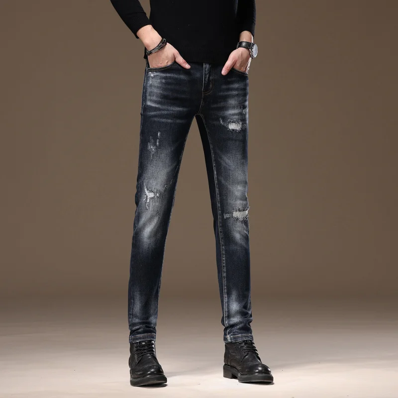 

Ретро и модные мужские джинсы, эластичные уличные повседневные рваные брюки с небольшой ногой