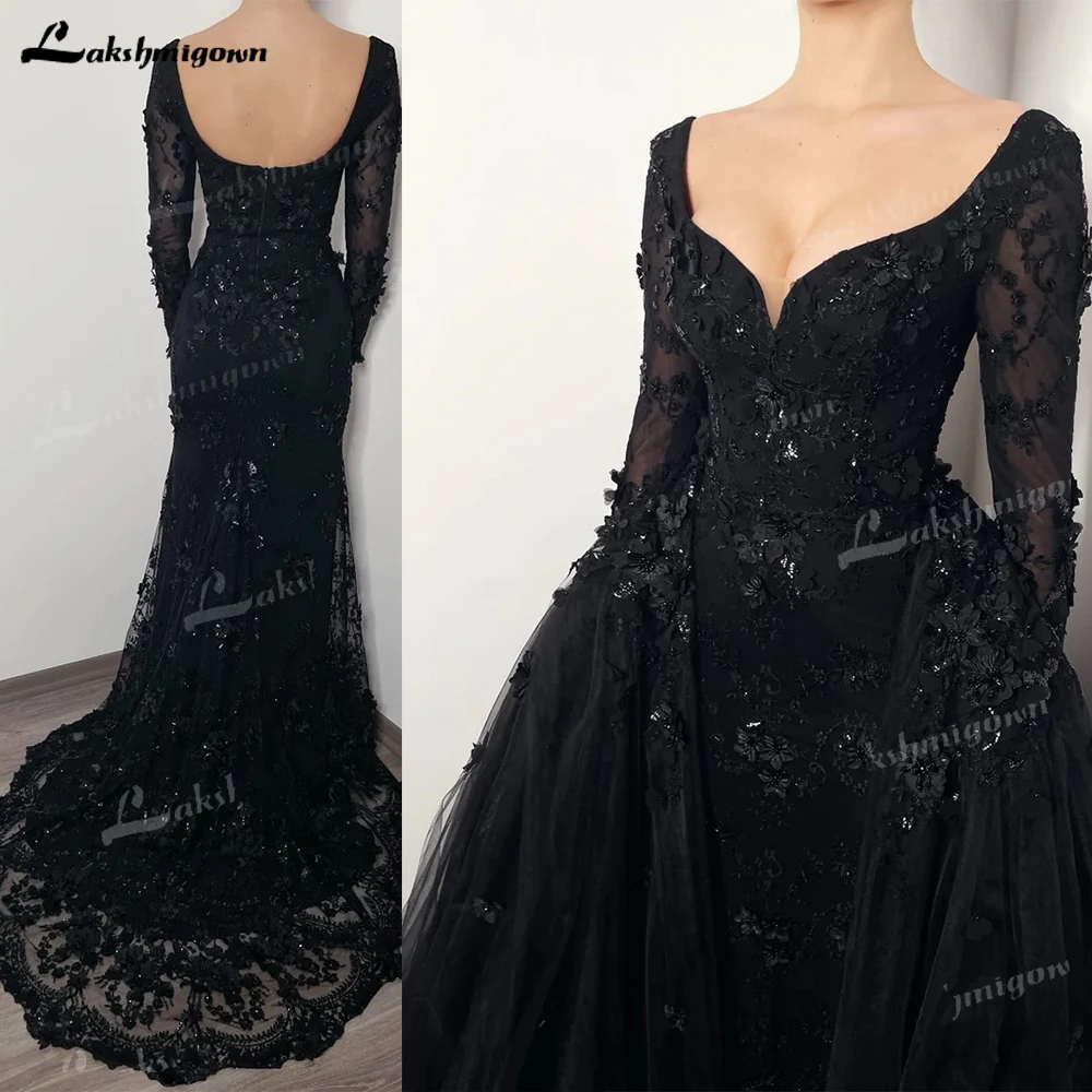 Shiny Black Gothic Elegant 3D Floral Beaded Wedding Dress Open Back Train Tulle Gown Long Sleeves Detachable Skirt Brautkleider