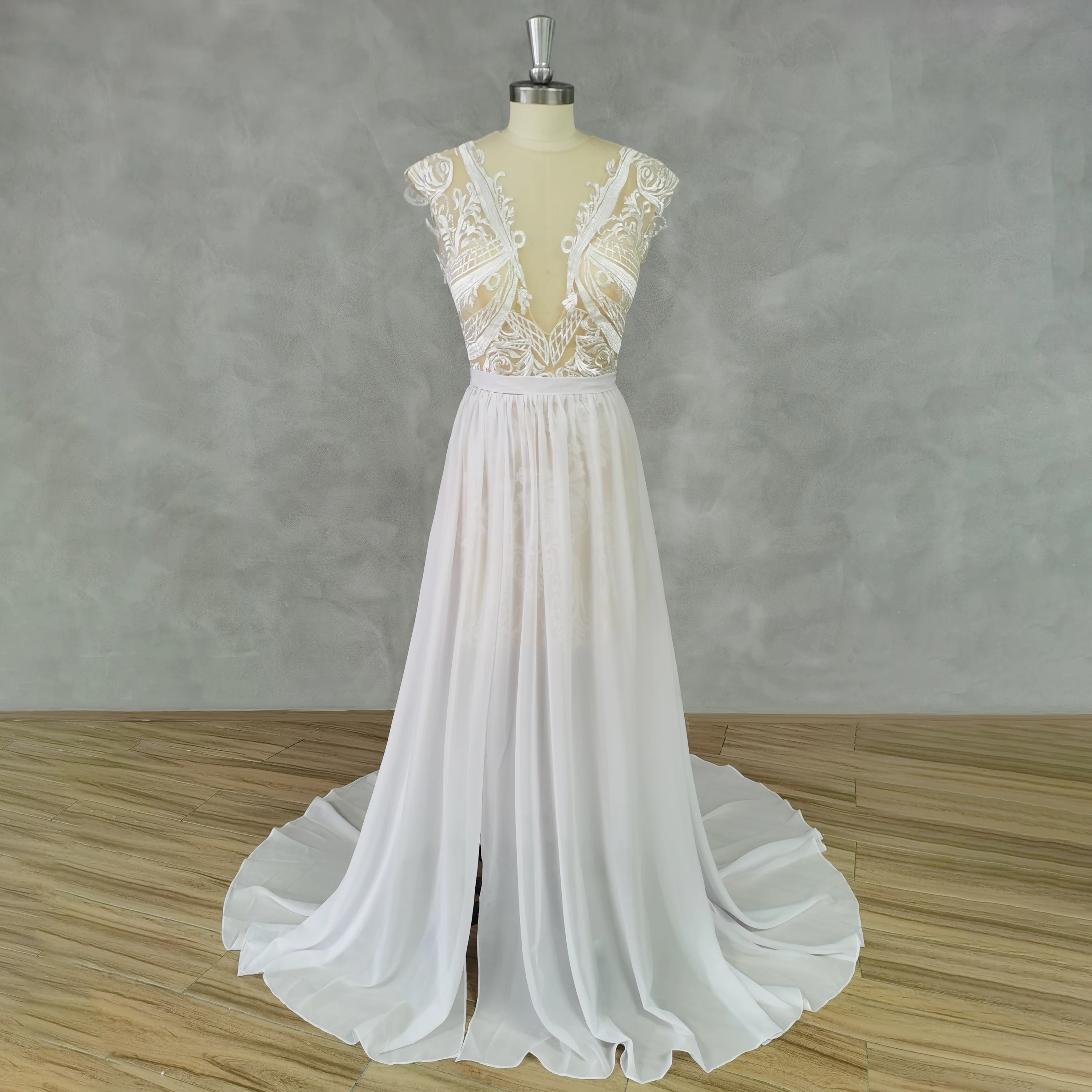 DIDEYTTAWL Real Picture Boho Deep V-Neck Long Cap Sleeves Lace Wedding Dress Illusion Back Chiffon High Side Slit Bridal Gown