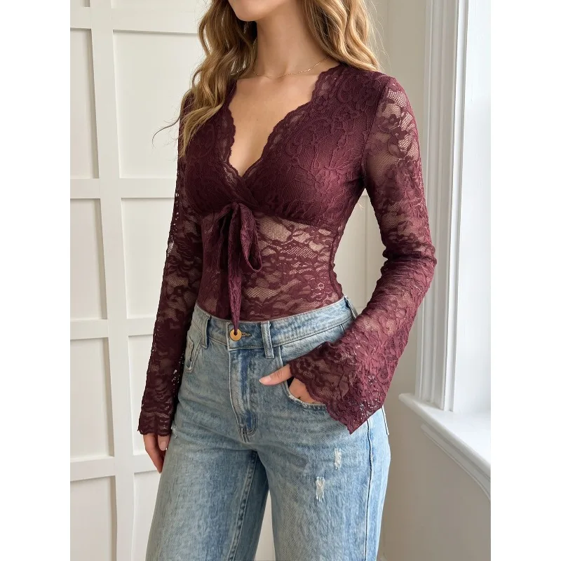 Women Sexy Sheer Lace Bodysuit Deep V Flare Long Sleeve Slim Fit Mesh See Through Jumpsuit Fall Club Night Date Party Outfit Top view 5