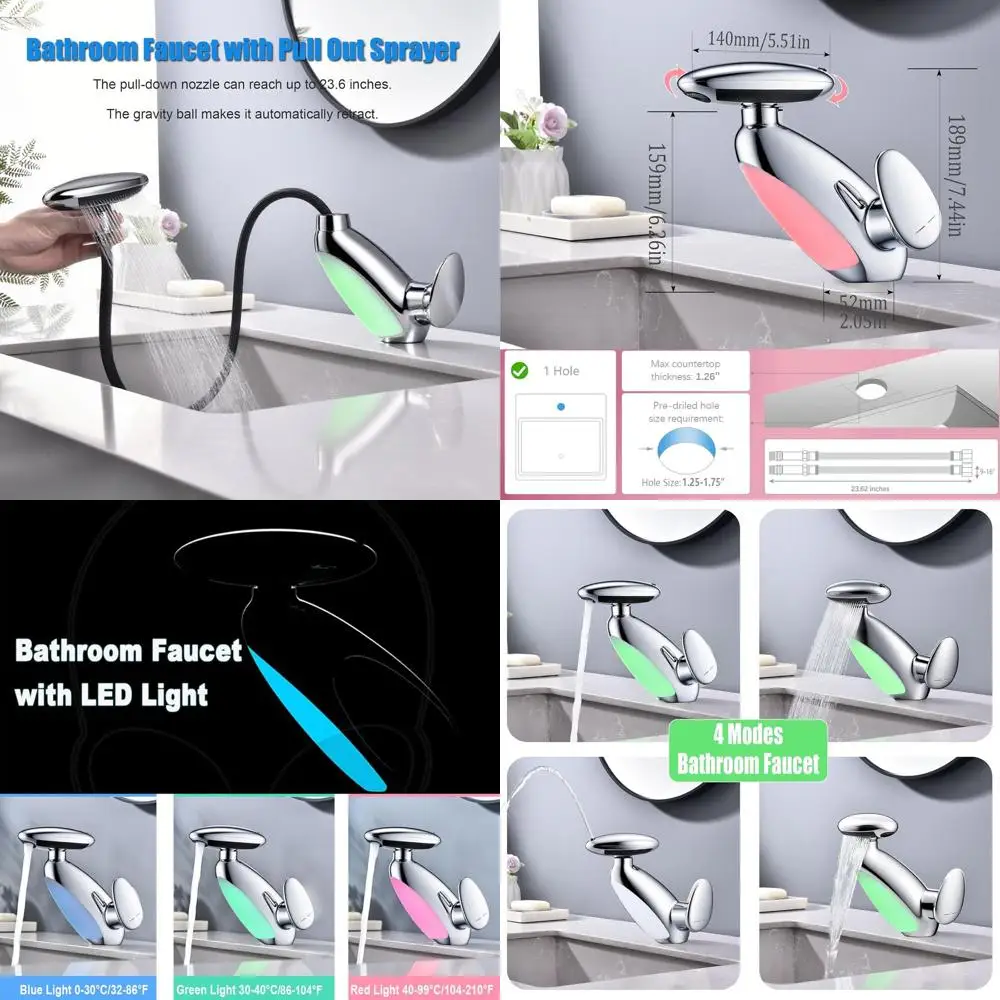 

LED Illuminated Single Hole Bathroom Sink Faucet with 4-Mode Sprayer and 360° Rotating Spout
