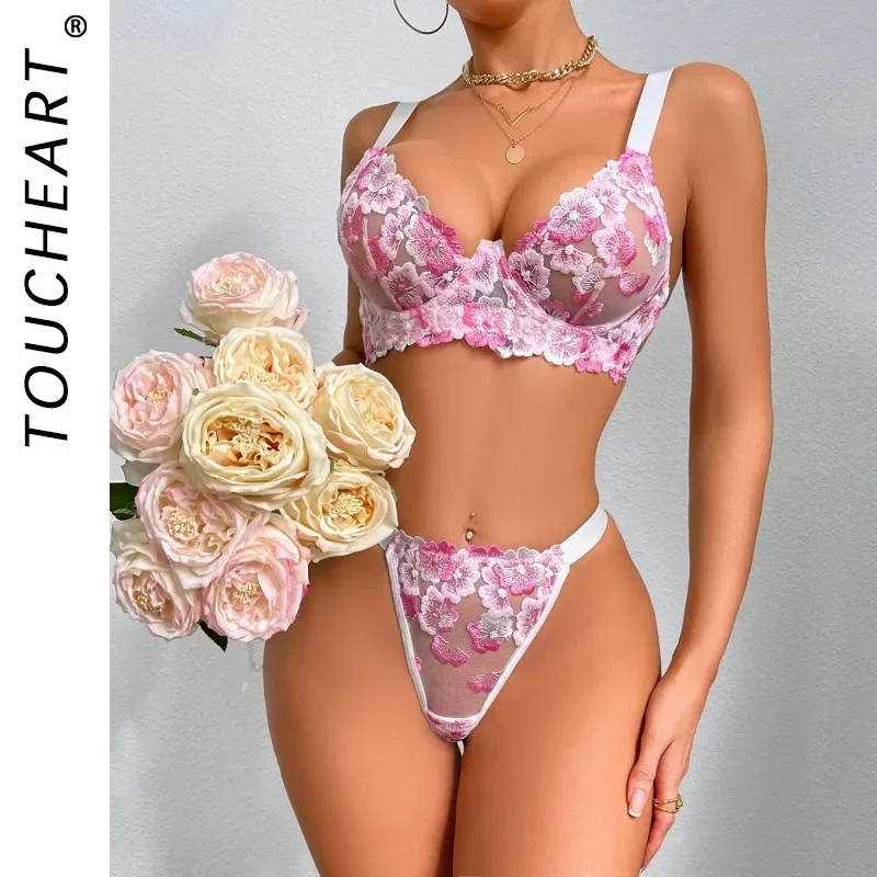 

Toucheart Sexy Lingerie Set Pink Embroidered Low-Cut Underwired Push-Up Sweet Sexy Lingerie For Women Sexy See-through Suit New