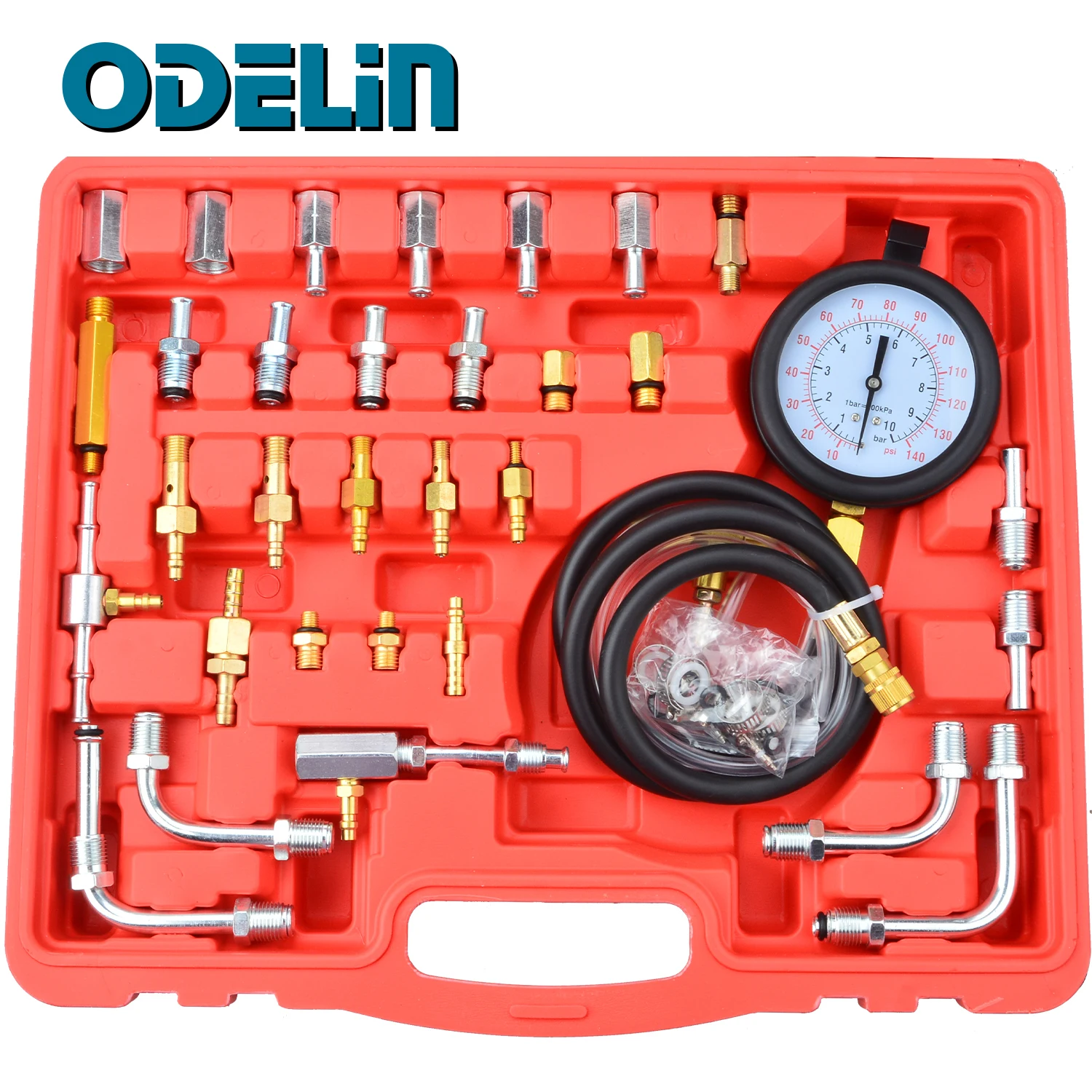 0-140psi Car Fuel Injection Gauge Pressure Tester Test Kit Auto System Pump Tool Set