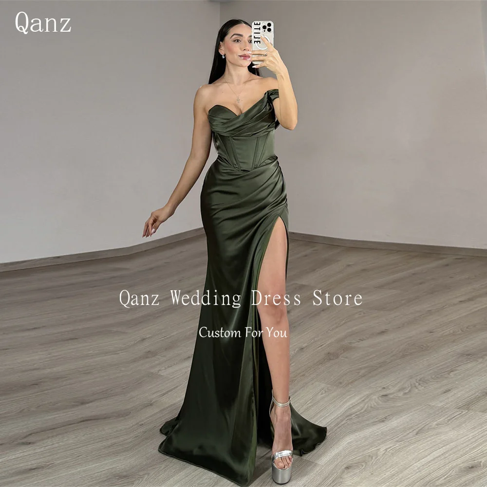 

Qanz Sexy Dark Green Evening Dresses High Slit Satin Vestidos De Fiesta Elegantes 2025 One Shouder Party Gown Women Customized