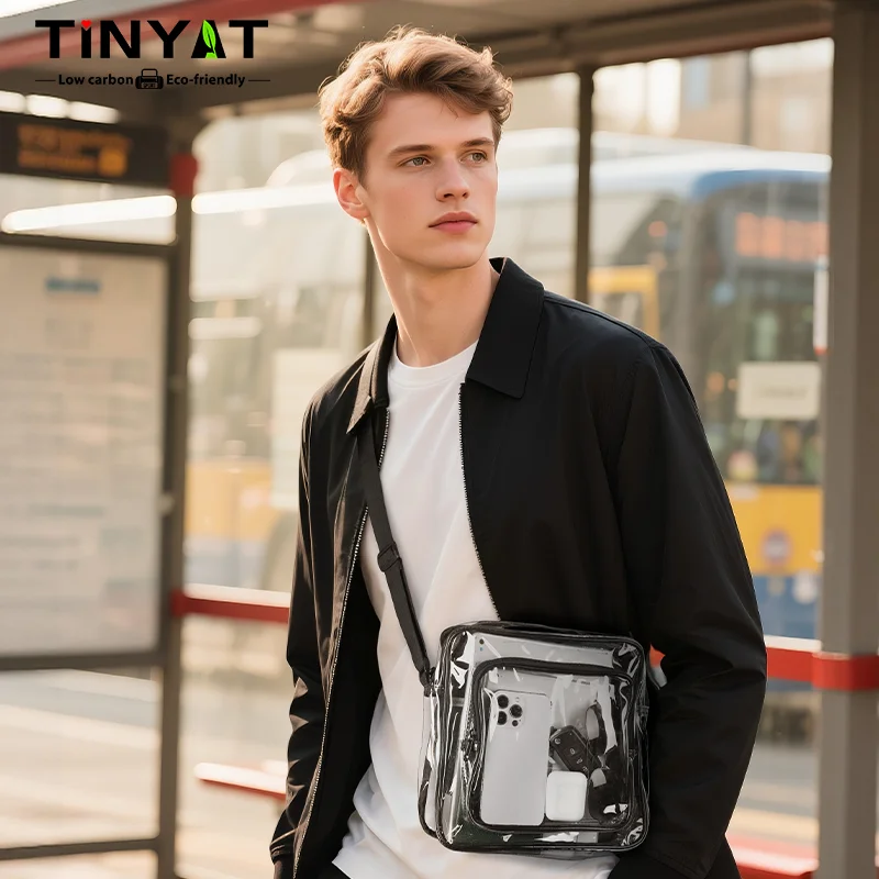 

TINYAT Clear Men's Crossbody Bag PVC Double Pocket Travel Bag Adjustable Shoulder Straps Single Shoulder Bag for Daily Commuting