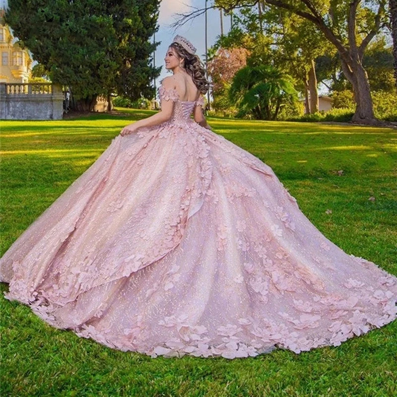 

Lorencia Sparkly Pink Ball Gown Quinceanera Dresses 2023 Appliques Spaghetti Princess Beading Sequins Vestidos De 15 Años YQD188