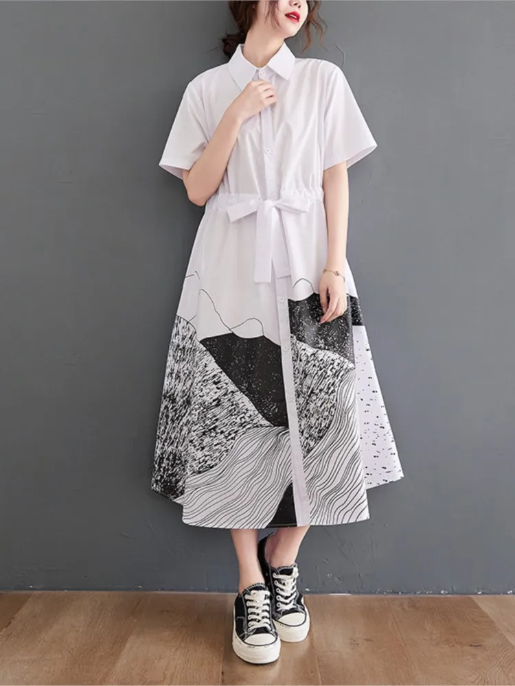 Oversized Pattern Print Black Shirt Dress Women Korean Short Sleeve Summer Ladies Dresses Vintage Casual Loose  Woman Dress