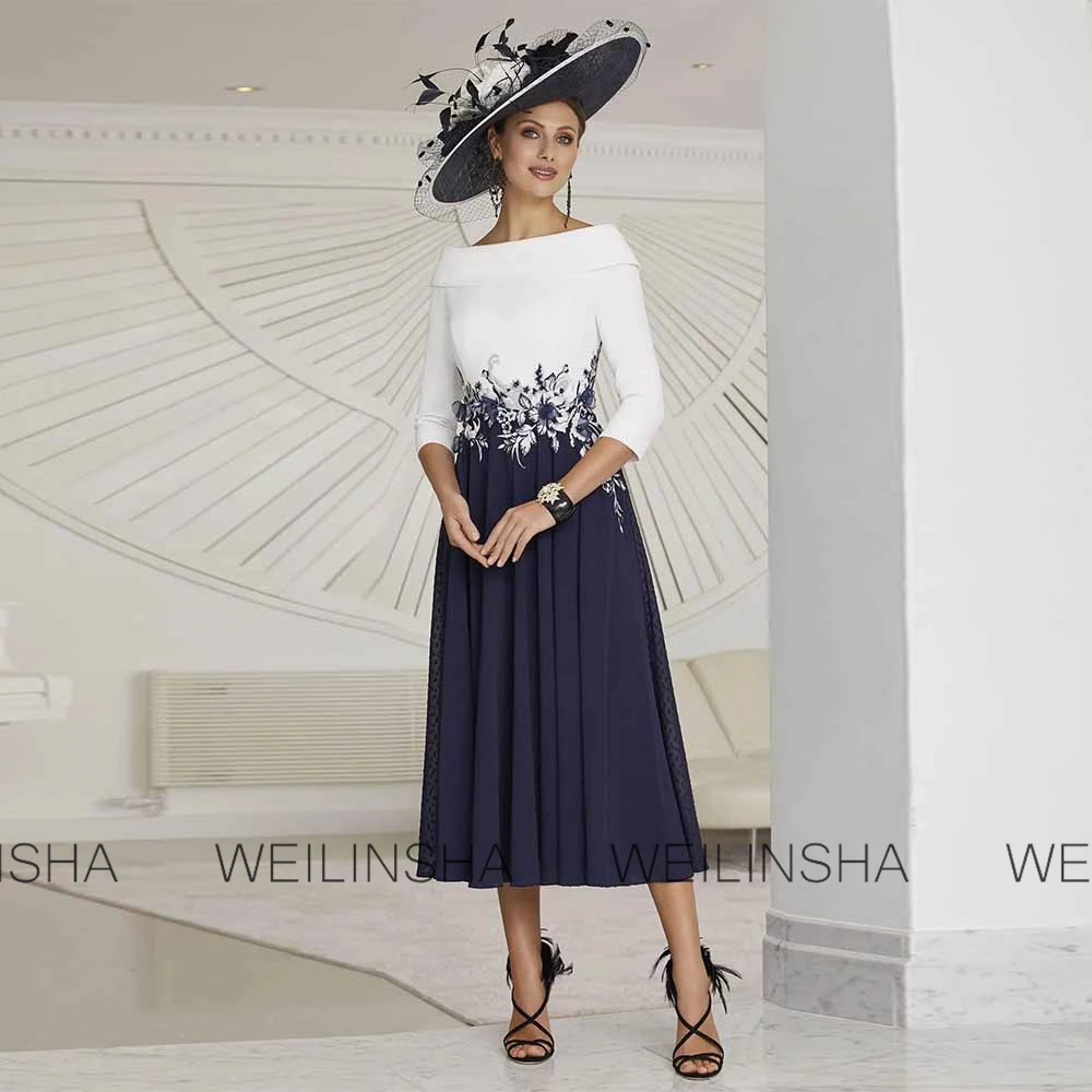 2025년 크레페 원단 A라인 칵테일 파티 드레스 네이비 블루 보트넥 자수 프롬 드레스, 신부 어머니를 위한 정교한 드레스