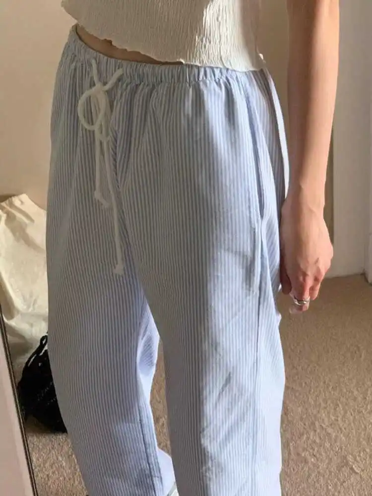 Calças Fenas de Aodão 00% com Cintura Alta e Cordão, Estilo Casual, Calças Longas de Perna Reta