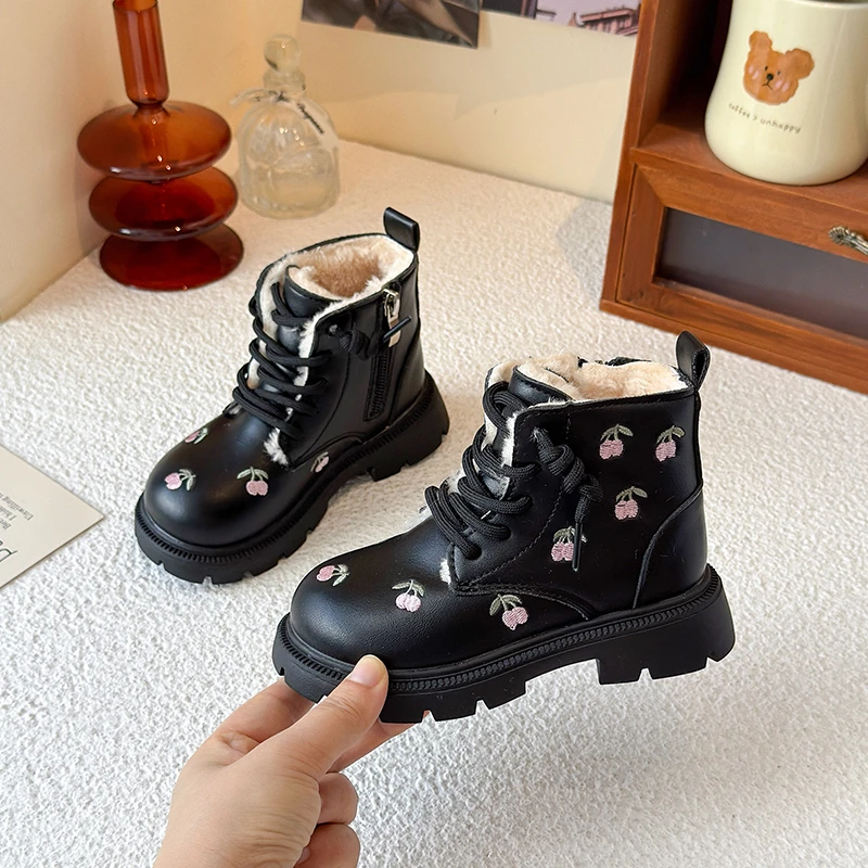 أحذية الشتاء للأطفال لفتاة جديدة حلوة مطرزة الصغار الأميرة حذاء من الجلد لحفلات الزفاف الاطفال أحذية قطيفة الموضة #5