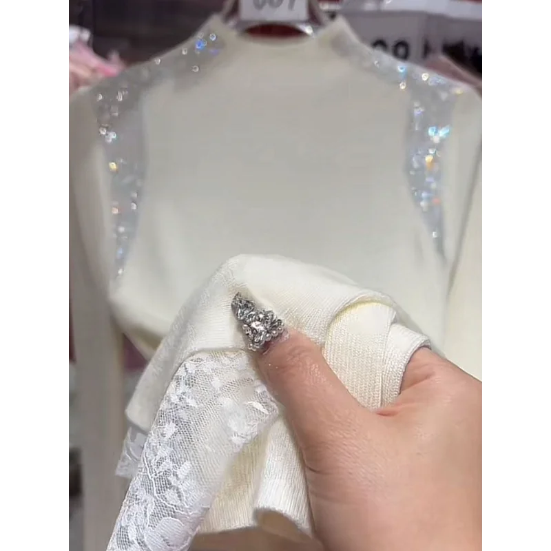 เสื้อสเวตเตอร์ถักคอเต่าครึ่งตัว แต่งผ้าลูกไม้ลายเพชร สำหรับผู้หญิง ฤดูใบไม้ร่วงและฤดูหนาว รุ่นใหม่ ดีไซน์อเนกประสงค์