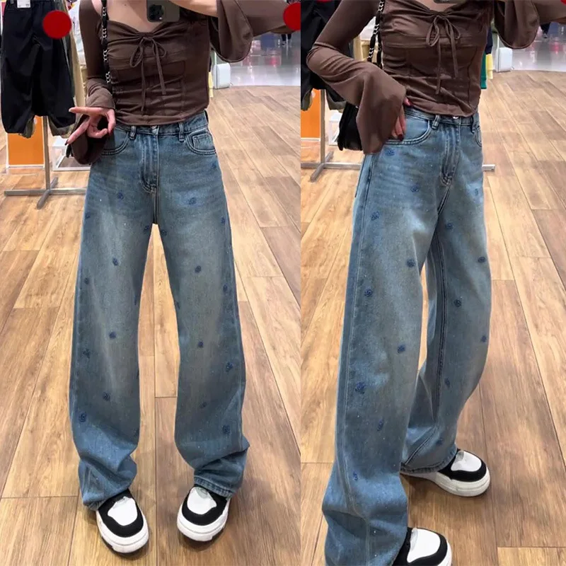 Vrouwen print hoge taille denim broek gesplitste noodlijdende broek streetwear jeans zak rechte broek eenvoudige casual lente herfst