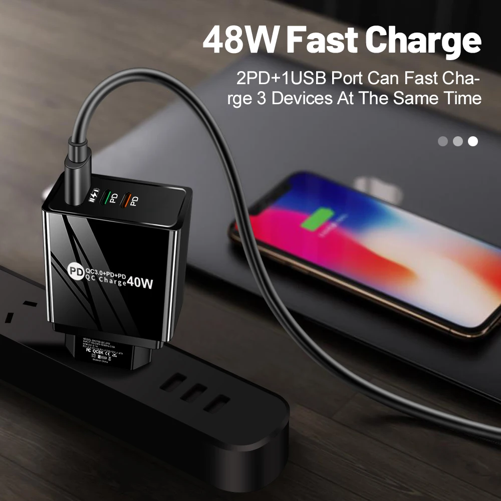 40W 3-Port Fast Charger QC3.0 2 PD USB C Wall Adapter, US/EU Plug for iPhone 15 14 Xiaomi 14 Ultra Samsung Huawei Oppo