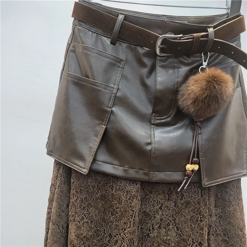 HKSH 2026 Primavera Estate Nuove Donne Gonna di Cuoio DELL'UNITÀ di elaborazione Patchwork di Pizzo Versatile Elegante High-end Retro Moda Casual Gonne HK17174