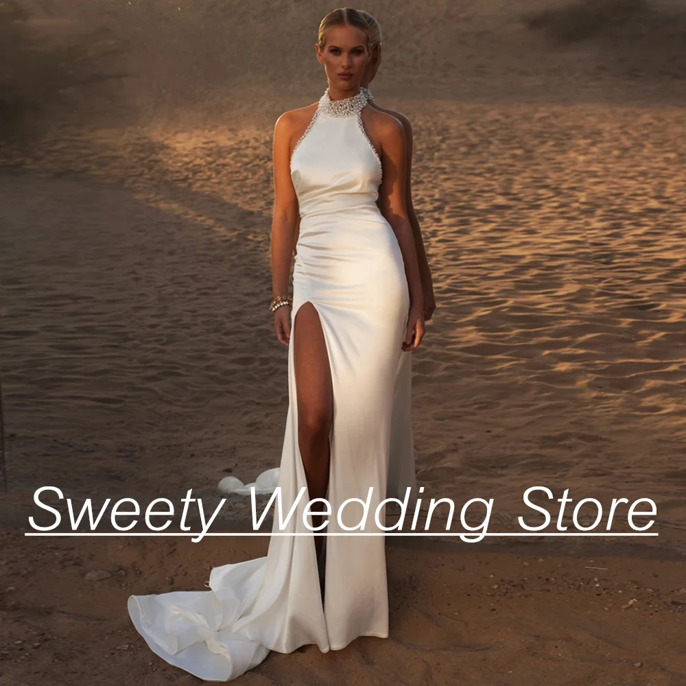 

Sexy Halter Wedding Dress Open Back Sleeveless Pearls Bridal Gown Sweep Train High Slit Satin Mermaid Bride Dresses Robe Mariee