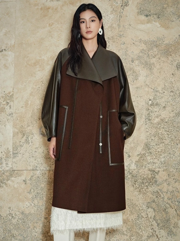 

Patchwork Genuine Leather Jackets for Women Autumn Winter 2026 New High-end Simple Loose Soft Long Real Sheepskin Trench Coat