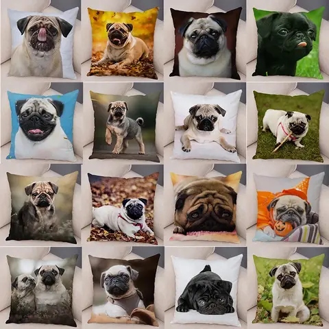 부드럽고 귀여운 퍼그 시리즈 양면 인쇄 장식 애완 동물 동물 베개 케이스, 자동차 소파 가정용 자동차 베개 케이스에 적합