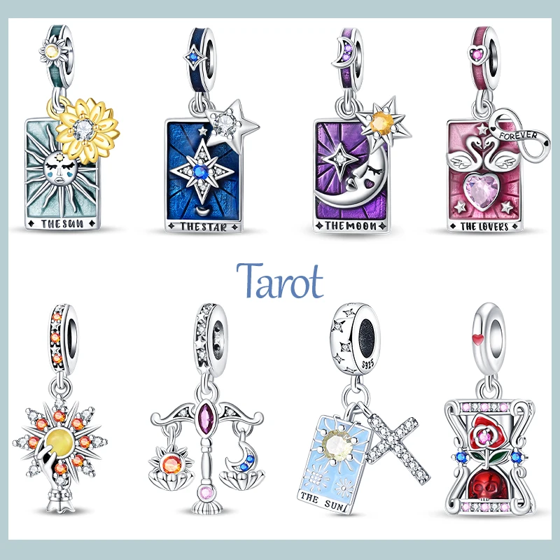 Yeni 925 Gümüş Tarot Kartları Güneş Ay Yıldız Severler Yıldız Paraları Charms Boncuk Fit Pan Orijinal Bilezikler DIY Hediyeler Güzel Takı