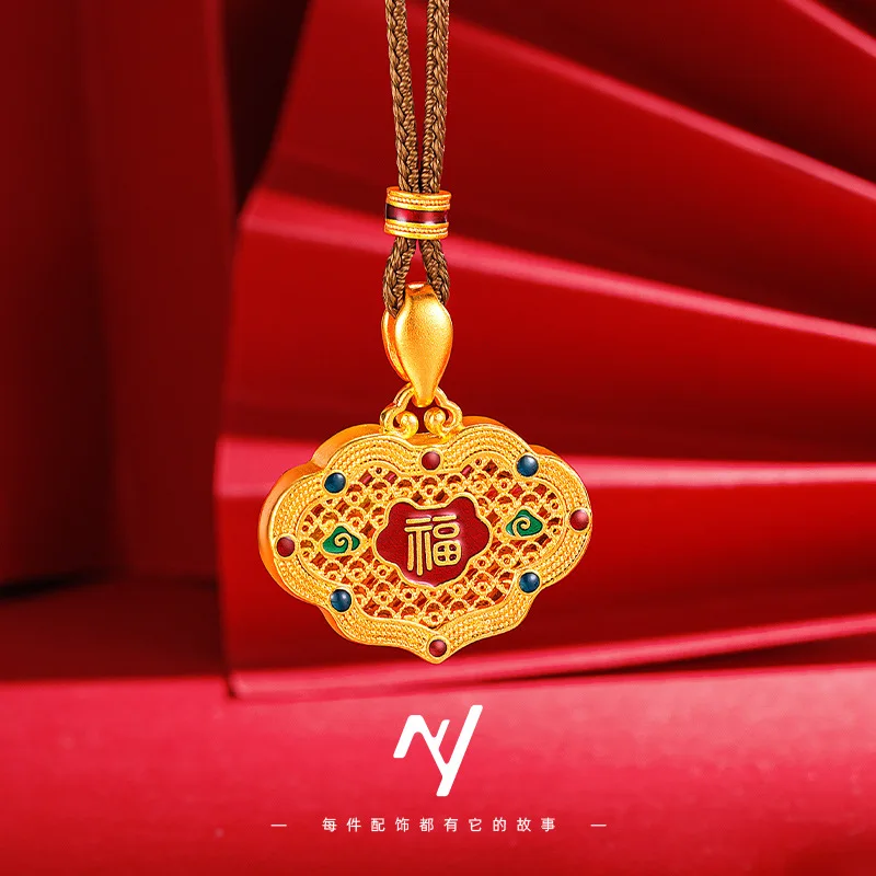 

Настоящее 24-каратное золото 9999, дизайн в этническом стиле, полая филигранная печь, золотая эмаль, подвеска с замком в виде облака, цепочка для свитера для женщин