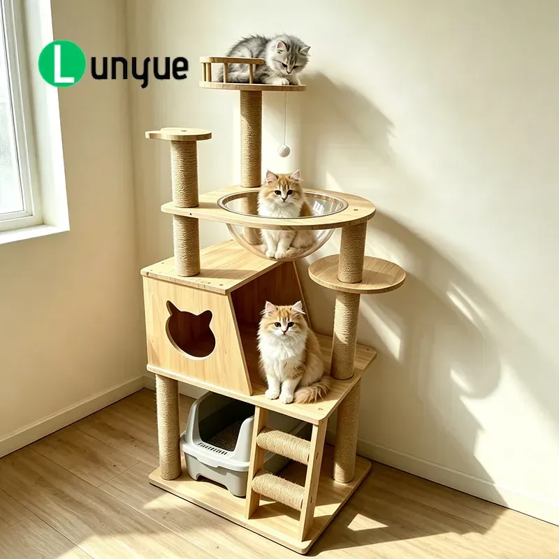 Multi-layer Cat Climbing Frame Solid Wood Sisal Rope Scratching Post Durable Cat Tree House Villa Shelf Nest Furniture Toy
