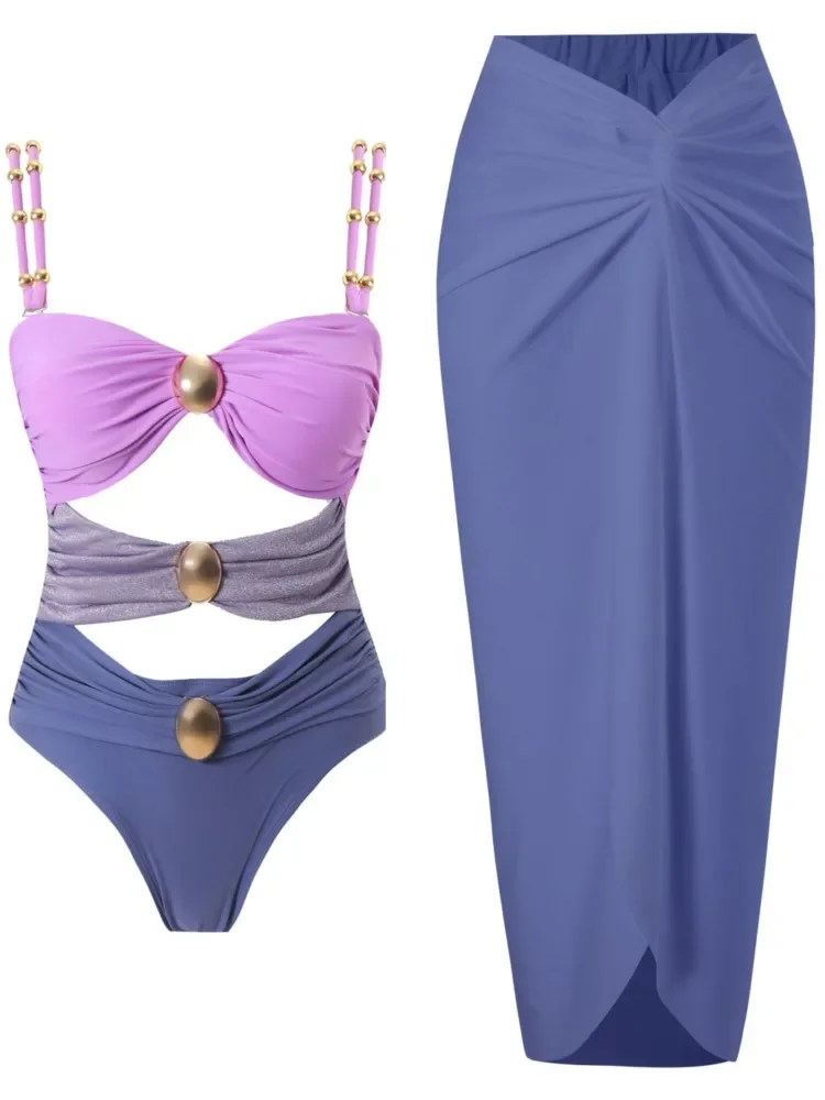 Retro-Bikini, bedruckt, modisch, zweiteiliger Badeanzug und Vertuschung mit Rock, eng, Damen-Verband, Sommer, Strand, luxuriös, elegant, 2024