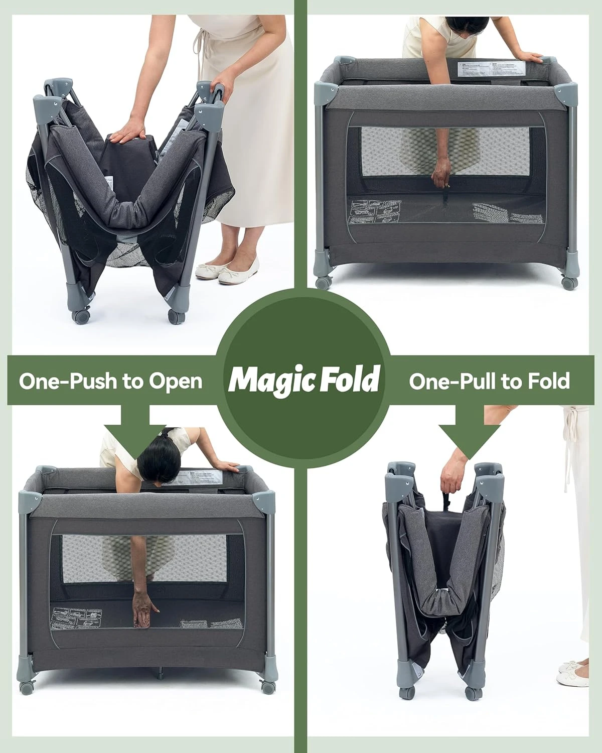 Parque infantil portátil Magic Fold para bebés con puerta con cremallera, patio plegable para bebés con cambiador, moisés para bebés desmontable