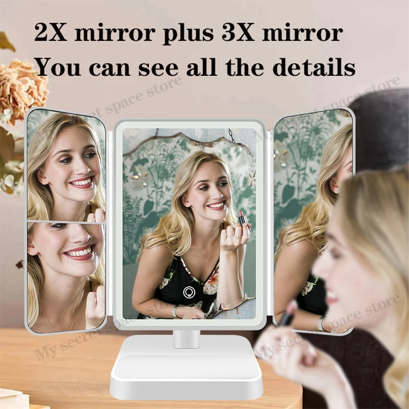 

Net red beauty mirror three-sided folding LED makeup mirror three-color fill light touch induction beauty mirror charging 180°